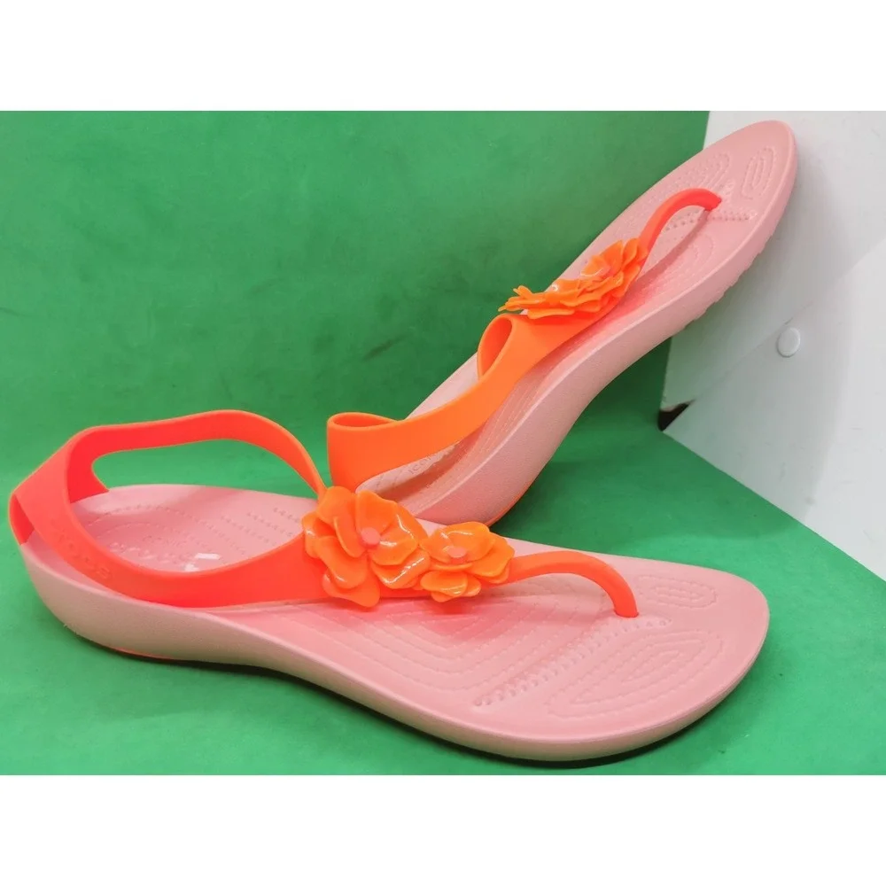 Crocs Serena Flower Embellished Flip Sandal Womens Siz 11 Bright Coral/Melon NEW